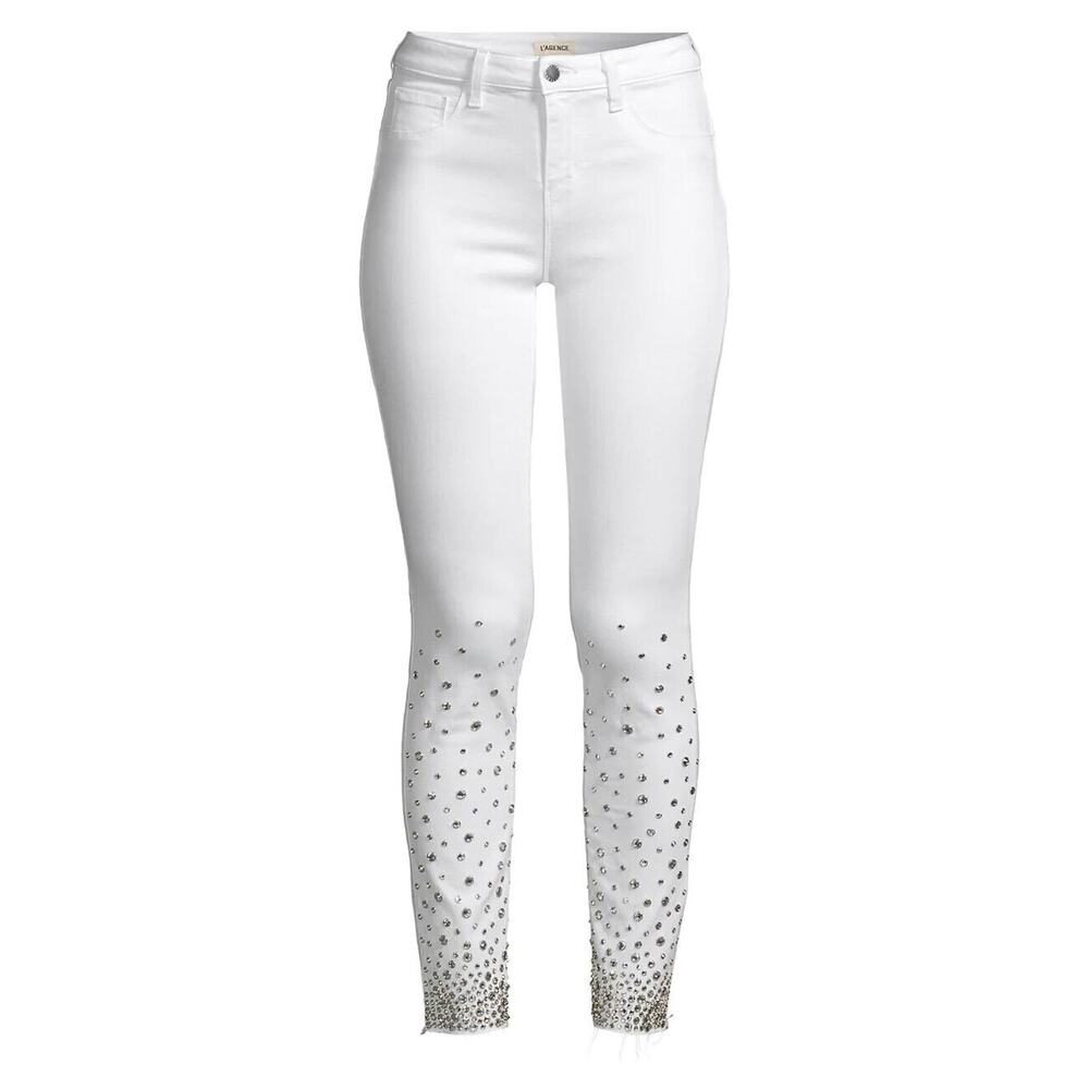 L'Agence Tilly Slim Jeans size 32 White Stretch Rhinestone Studded Straight Leg